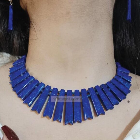 Lapis Lazuli Choker Necklace & Earrings: Vintage Tribal Jewelry Set - Picture 3 of 10
